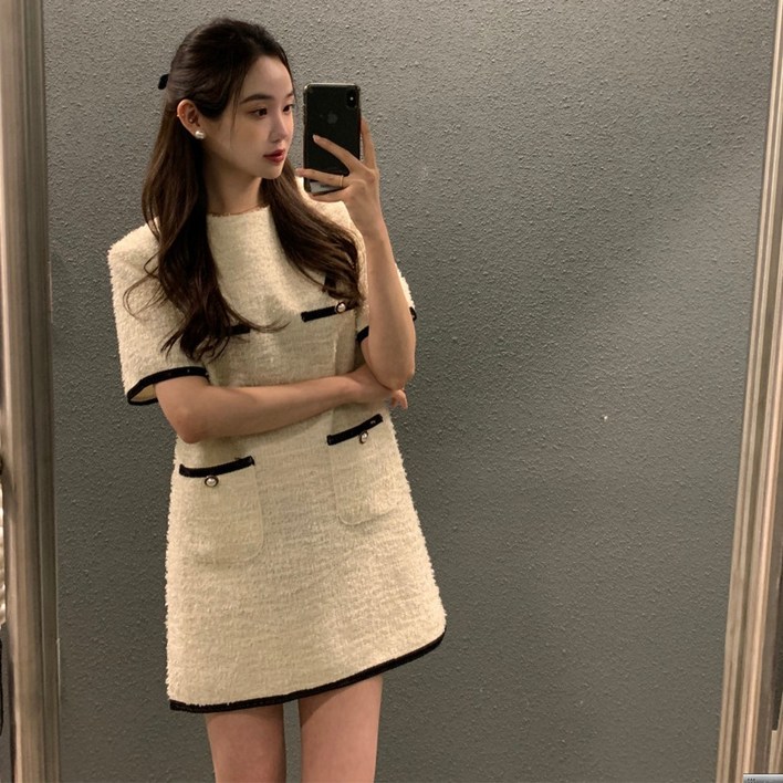 러우 여성 데일리 트위드 반팔 배색 콘솔지퍼 여름하객룩 미니 원피스