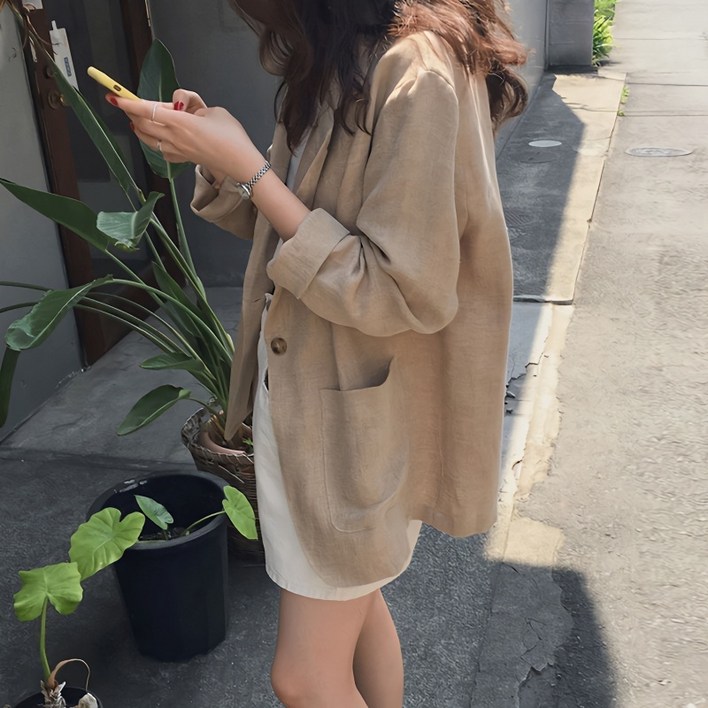 AOKADA 여성 여름 린넨 정장 자켓 루즈핏 얇은 블레이저 오피스룩 데일리룩