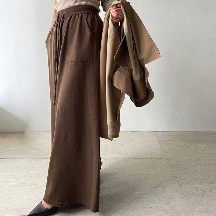 네모엔룩 보들와이드 여성용 허리밴딩 스트링 포켓장식 캐주얼 와이드핏 롱 니트 팬츠