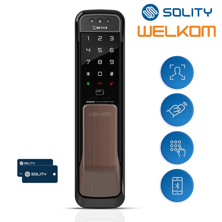 무료설치 웰콤 얼굴안면인식 WP500A 무타공 푸시풀 카드키2개번호키 블루투스옵션 빠르고 정확한 3D 얼굴인증 현관문 디지털도어락 푸시풀 도어록 즉시잠김 허수기능, 웰콤 WP500A, 방문설치