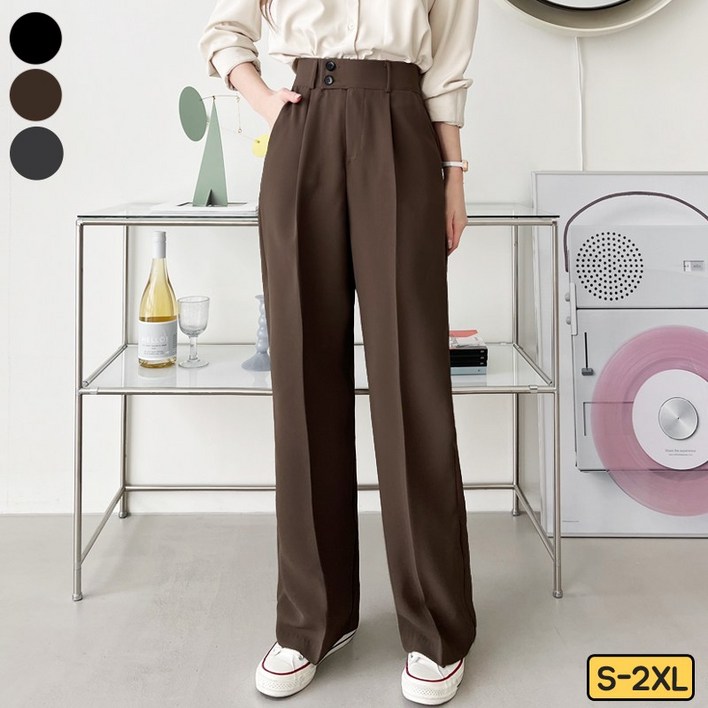가비진 여성용 뒷밴딩 투버튼 핀턱 일자 와이드 슬랙스 팬츠 바지 하객룩바지 정장바지 빅사이즈까지