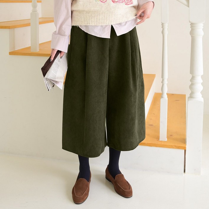 데일리앤 리틀 여성 코듀로이 벌룬 밴딩 8부 핀턱 와이드 큐롯 치마바지 가을 겨울 7부 스커트팬츠