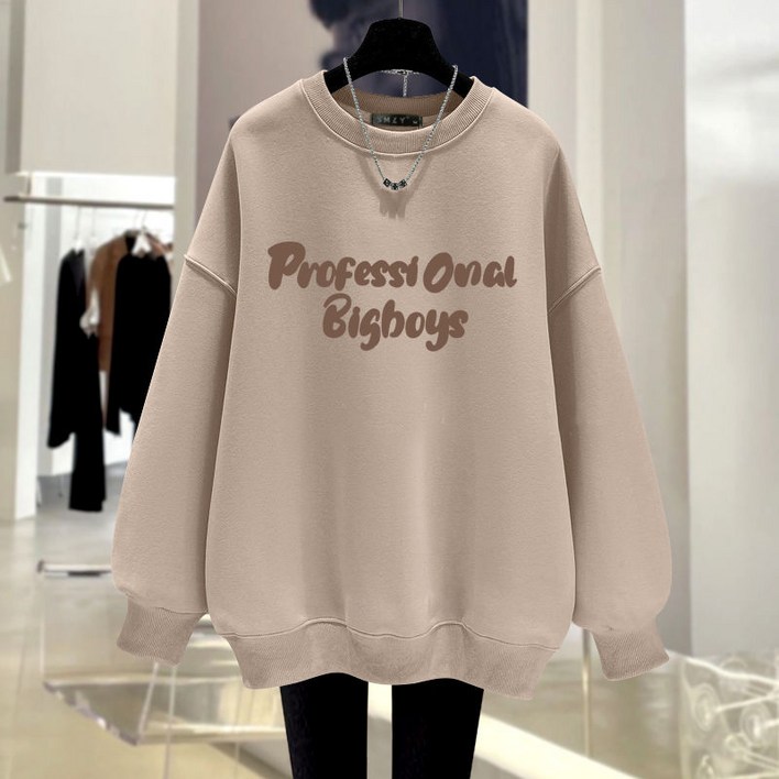 RUNYAYA 여성 루즈핏 라운드 긴팔 맨투맨 따뜻한 레터링 가을겨울 기모 풀오버 빅사이즈 4XL까지