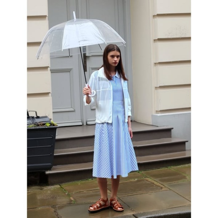 백화점정품 헤지스레이디스 원피스 25SS 면블루 스트라이프 A라인 피케 반소매 HSDR5BC32B2 하객