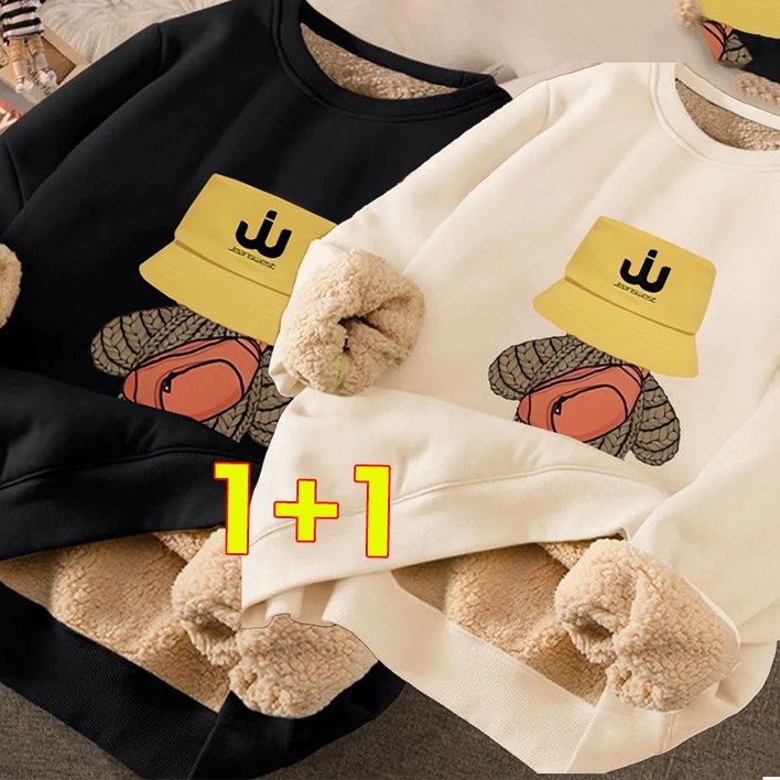 AOUGK 11 여성 양털 프린트 기모 맨투맨 루즈핏 두꺼운 라운드티 긴팔 티셔츠 가을겨울