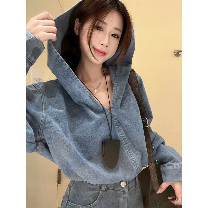 RUZZAIR 여성 데님 셔츠 초가을 후드 데님 상의 반바지 세트 코디