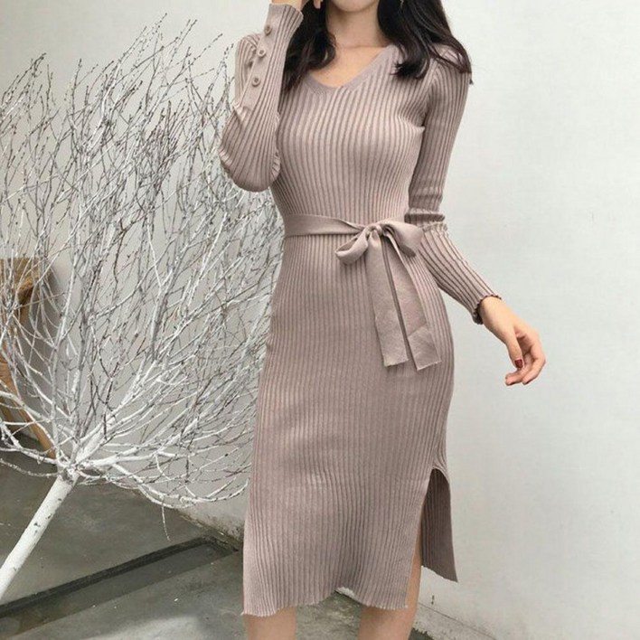 여성 슬림 스타일 골지 패턴 스러운 원피스 트위드 랩원피스 여름 정장 겨울 니트 미니