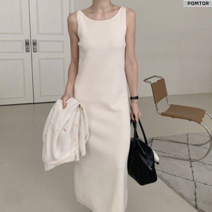 POMTOR 여성 U넥 레이어드 H라인 나시 니트 롱 원피스