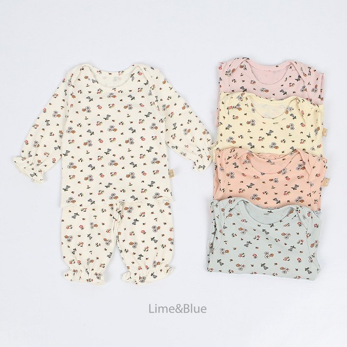 라임앤블루 신생아홈웨어 아기실내복 오렌지 플라워 베이비 세트 115개월