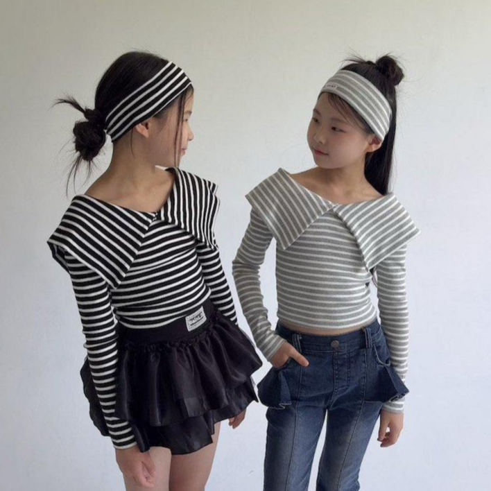 미야네 아동 주니어 세라 카라 스트라이프 크롭 티셔츠 키즈 크롭티 5호19호