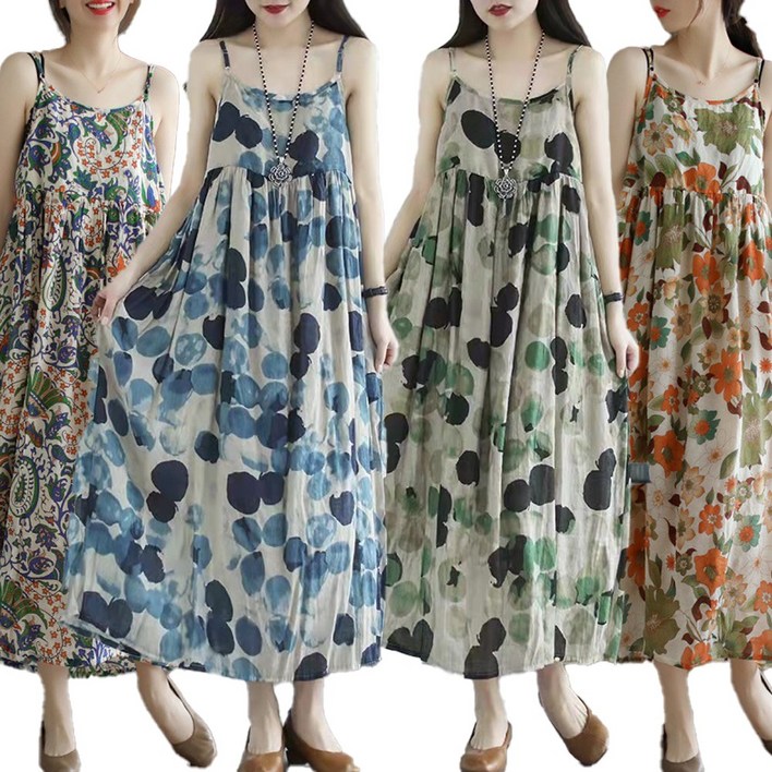 웨일쓰 여성 도트 민소매 린넨 롱원피스 빅사이즈 여름 플라워 루즈핏 바캉스 나시 원피스