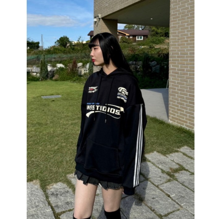 블록코어 오버핏 기모 후드티 스트릿 캐주얼 커플룩
