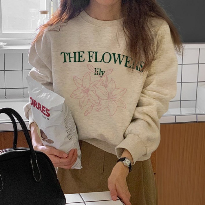 마이쏭 여성 기모맨투맨 겨울티 백합자수오버핏맨투맨양기모