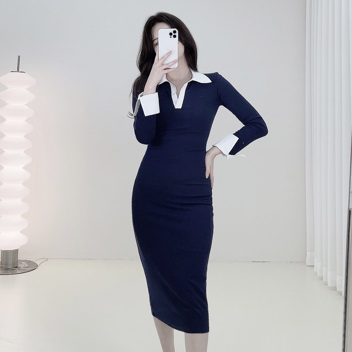 배색 카라 골지 미디 롱 원피스 2color 배색 카라 골지 미디 롱 원피스 2color