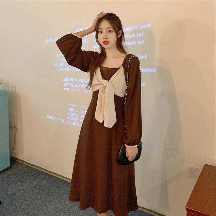 스퀘어넥원피스 봄 가을롱 레니본 빅사이즈