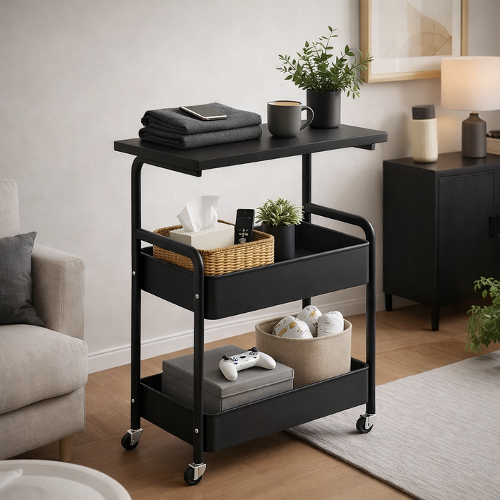 헤븐하임 이동식 선반 트롤리, 3단, 올블랙C