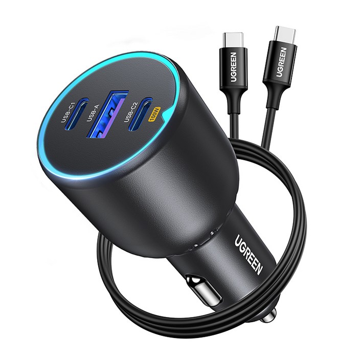 UGREEN 유그린 130W PD QC 3포트 시거잭 차량용 멀티 고속충전기 CCU,1m CC 100w 케이블 세트