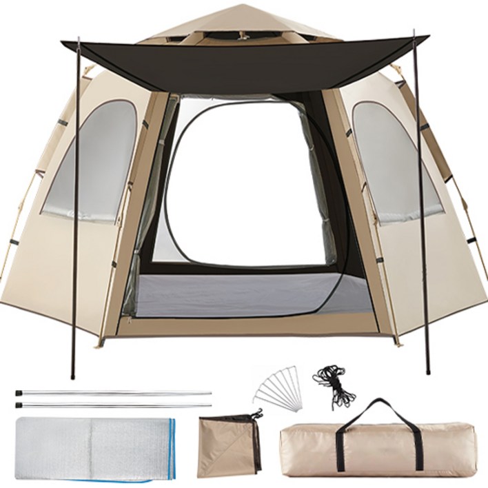 캠핑야외 방수 원터치 육각 텐트 개방형,5-8인용, 베이지