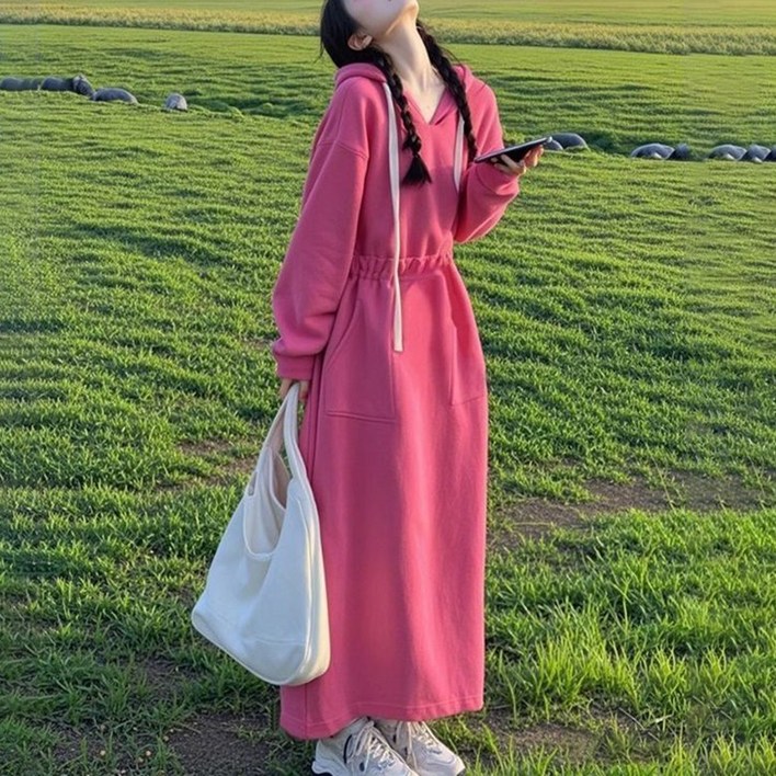 ORZQU 가을겨울 여성 오버핏 솔리드 빅사이즈 튜닉 후드 맨투맨 롱 원피스 스쿨룩