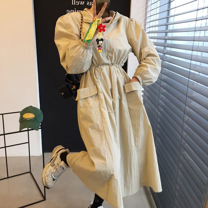 오즈 후드 반집업 허리스트링 포켓 바스락 A라인 봄 롱 아노락원피스 4color