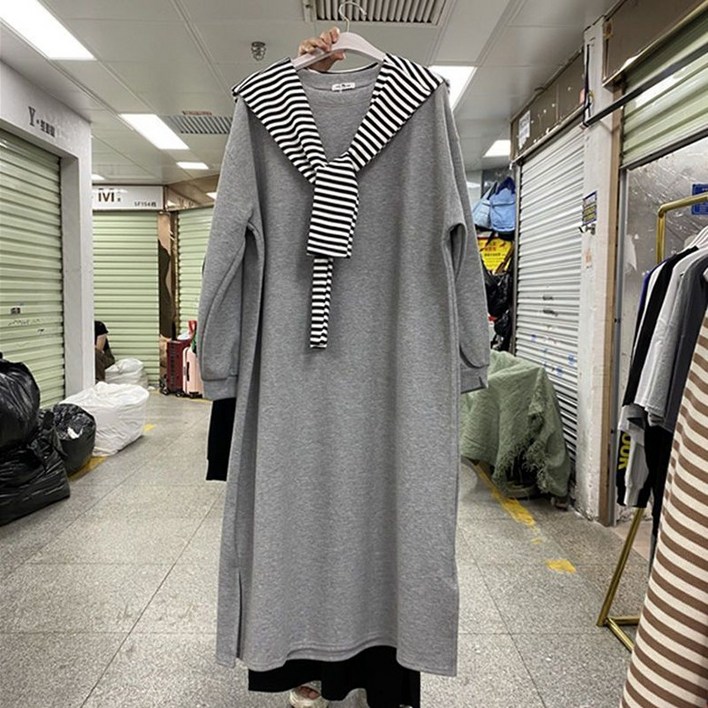 ORZQU 가을 여성 빅사이즈 루즈핏 스트라이프 숄 오버핏 긴팔 티셔츠 원피스 스쿨룩