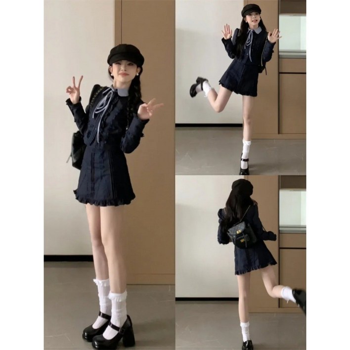 새로운 한국 스타일 절묘한 대학 스타일 어깨 스티칭 탑 쇼트 스커트 올 매치 투피스 세트 새로운 한국 스타일 절묘한 대학 스타일 어깨 스티칭 탑 쇼트 스커트 올 매치 투피스 세트