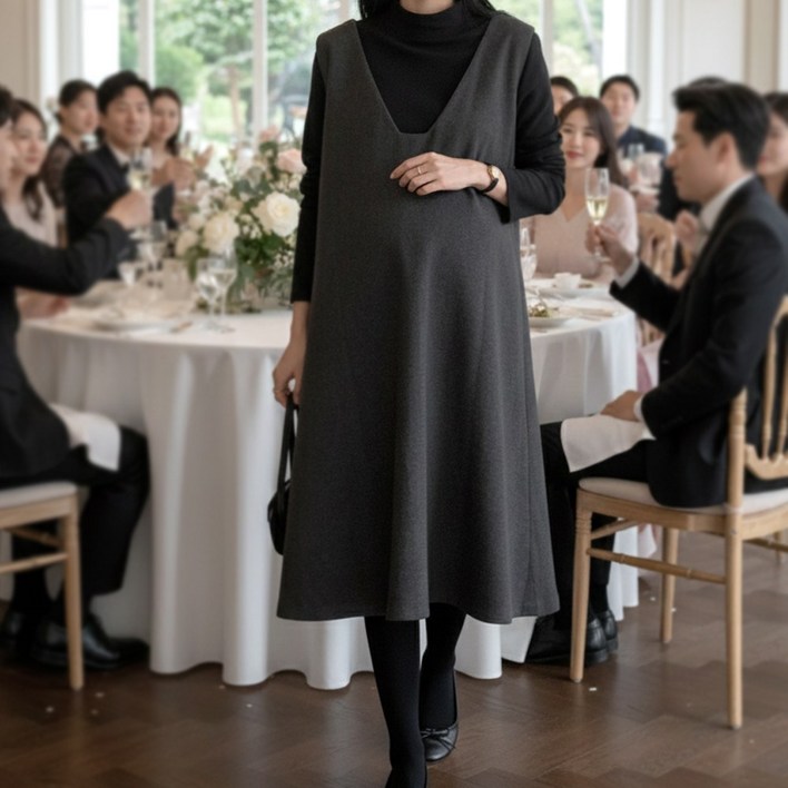 당일출고 수엠W 백화점 퀄리티 임산부 하객룩 원피스 레이어드 모직 V넥 하객원피스 B083 모던레이어드원피스