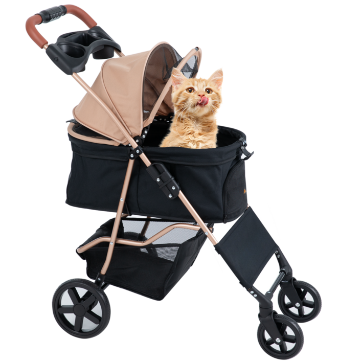 MILA&LOUIS 강아지 유모차 퀵폴딩 디럭스 강아지유모차 개모차 고양이유모차 19cm 큰바퀴 개모차 일체형 뉴바론 개모차 원터치 퀵폴딩 개모차, 베이지, 1개