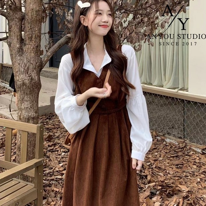 ANYOU 패션 롱 여성원피스 코듀로이 슬림핏  학원풍 데일리룩 셔츠원피스 여성용 휴양지원피스 브이넥 브라운컬러 롱원피스