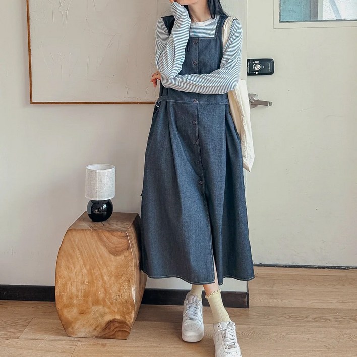 로로텐 스퀘어넥 데님 뷔스티에 롱 원피스 핀턱 A라인 여성 빅사이즈