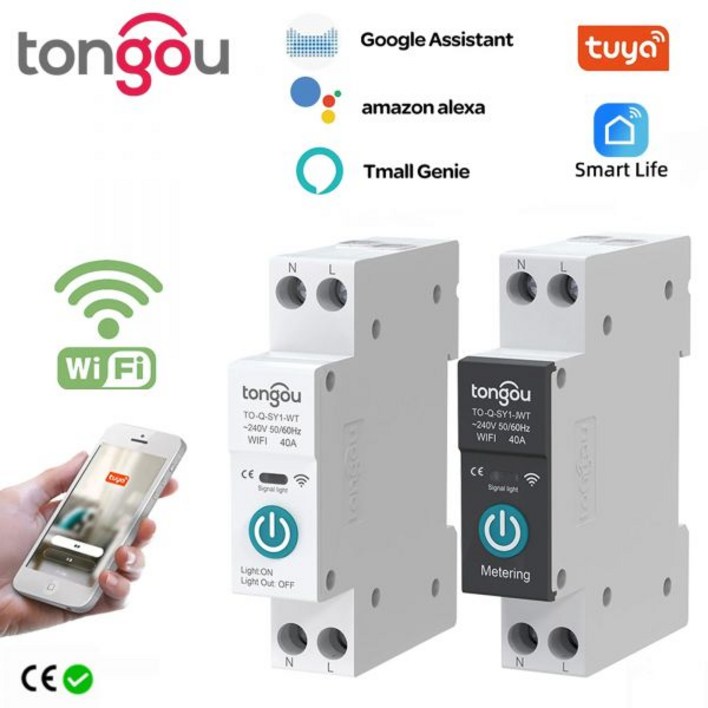 TUYA-와이파이 스마트 회로 차단기, 계량 1P 63A DIN 레일, 홈 무선 원격 제어, 앱 TONGOU 스위치