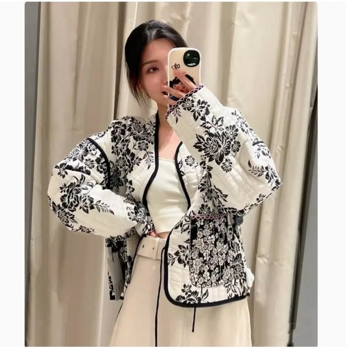 ZARA 리버시블 빈티지 노카라 V넥 퀼팅 자켓 꽃무늬 경량 패딩 간절기 누빔 양면 깔깔이
