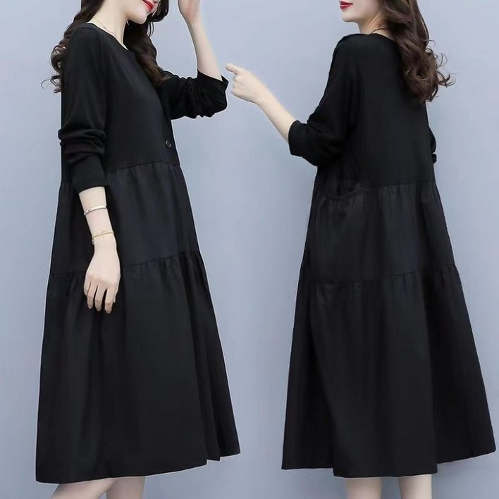 ORZQU 여성 빅사이즈 긴팔 원피스 배색 봄가을 엄마 중장년 날씬해 보이는 캐주얼 이너 원피스