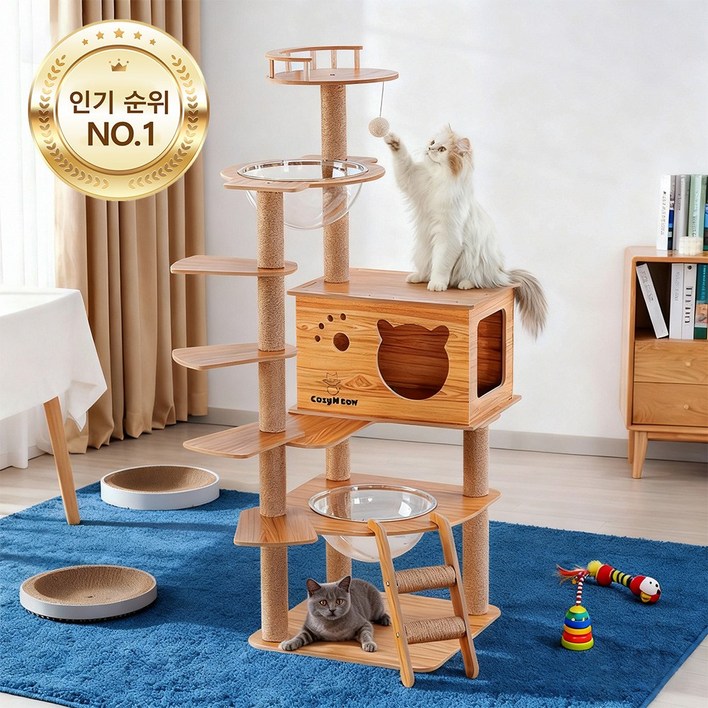 고양이 올라타기 목재 우주선 설계 착지식 두툼한 판재 고양이 집 대형 고양이용 기둥잡이 고양이 산책로 고양이 많은 가정용 디딤대 높은 안정성 운동 부족 해결 한글 설명서 포함, 1개, 원목색