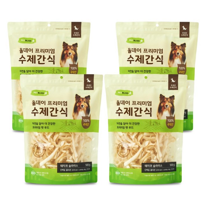 펫블리스 프리미엄 올데이 스틱 강아지 수제간식, 4개, 500g, 돼지귀 슬라이스