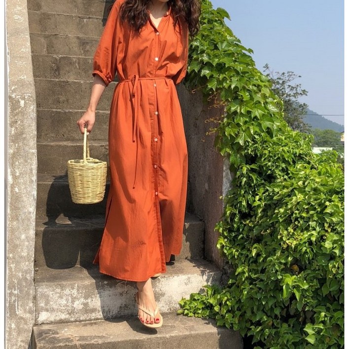 영메이 YM23445 여성 오버핏 빅사이즈 래글런 나그랑 5부소매 단추 셔츠 롱원피스 박시 옆트임 포켓 셔츠원피스허리끈 포함