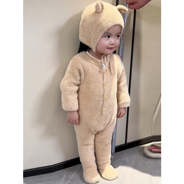 곰돌이 점프수트 귀여운 가을 아동 발싸개 올인원 옐로우 66cm 3.55.5kg