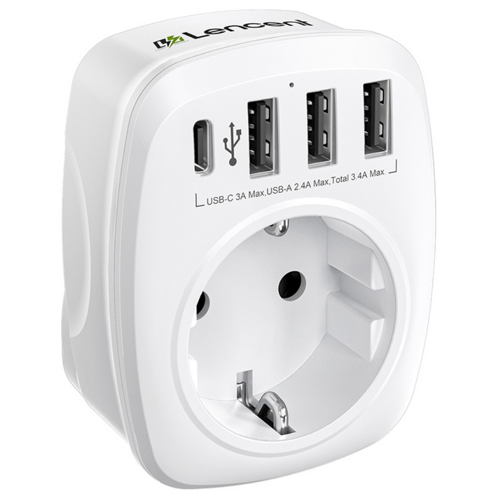 LENCENT USB 고속충전  전세계 여행용 해외 영국 규격(Type G) 플러그 어댑터 4포트 (3 USB A + 1 USB C)  한국 영국 싱가포르 말레이시아 변환  화이트