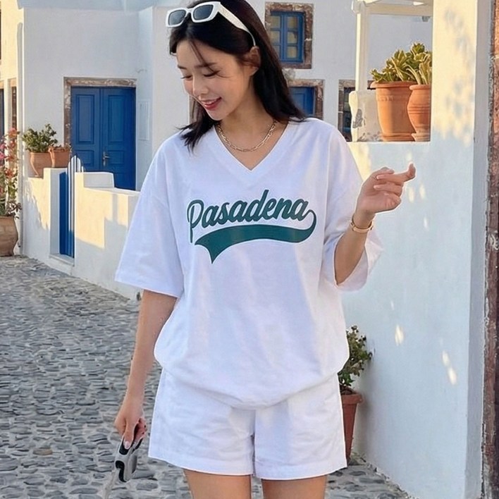 상상그이상 여성용 국내제작 파사디V반팔SET 여름 루즈핏 반소매 브이넥 티셔츠 허리밴딩 고무줄바지 반바지 숏팬츠 세트 투피스 트레이닝세트 오버핏 나일론반팔 아노락반팔 밑단스트링