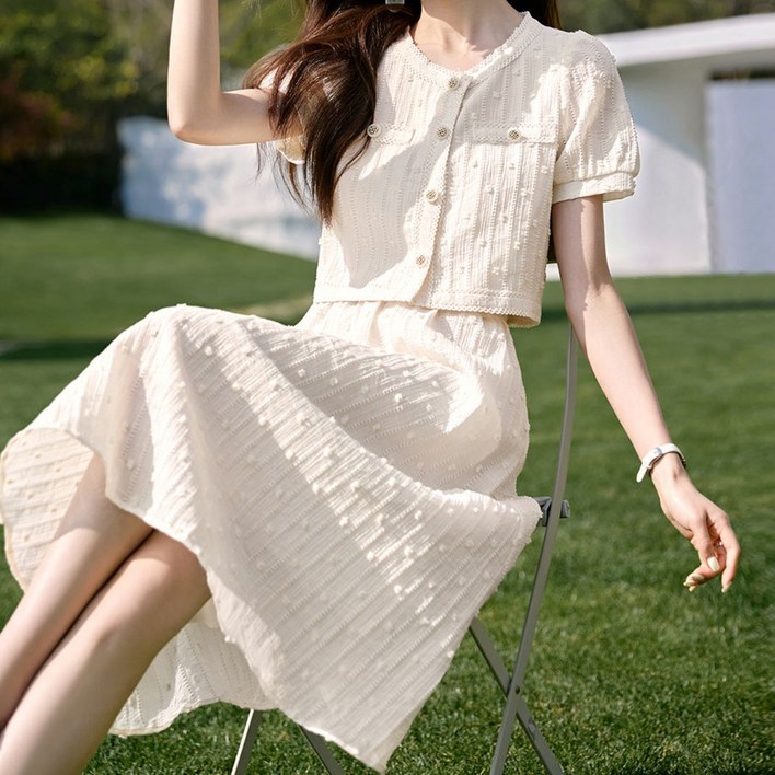 더퀸1987 여성 여름 반팔 트위드 정장 상하세트 투피스 8029