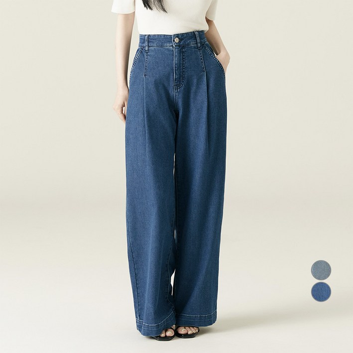 로엠 여성용 턱 와이드 데님 팬츠