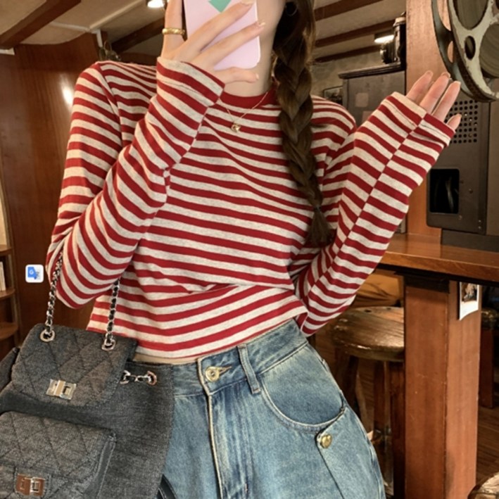 소니오 여성용 크롭 스트라이프 긴팔 티셔츠