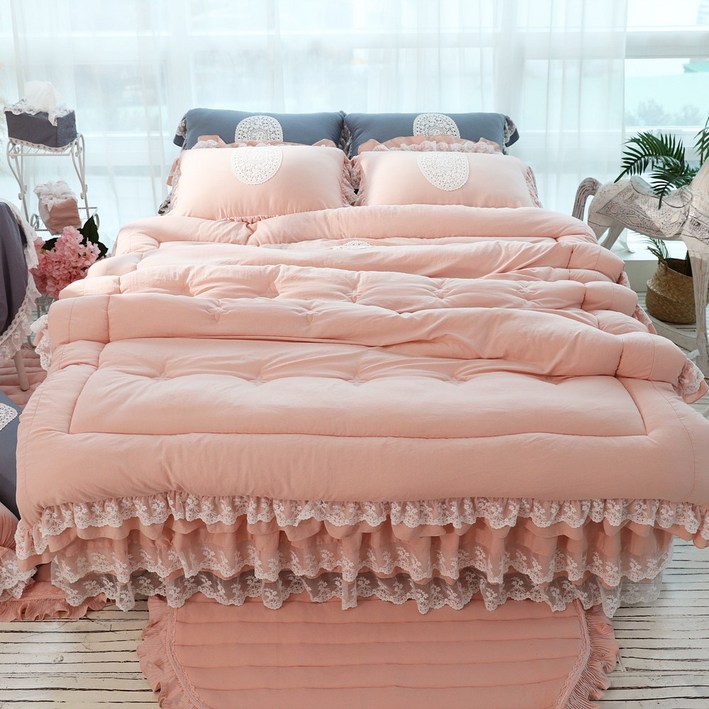 류금숙 프렌치 향기 실키케어 프릴 차렵이불 + 베개커버 + 이중프릴 침대커버 세트