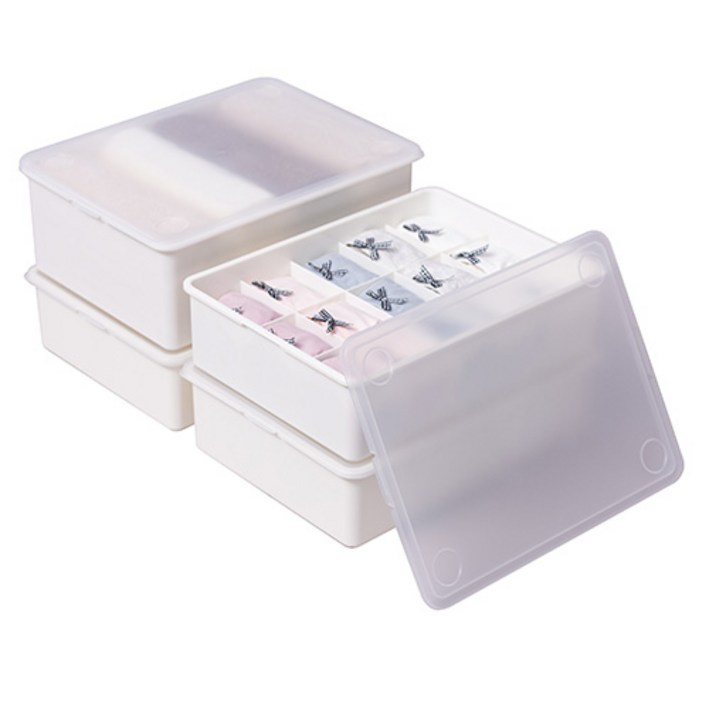 이즈리빙 플라스틱 속옷정리함 아이보리 반투명뚜껑 1칸 1p  10칸 1p  15칸 2p 세트