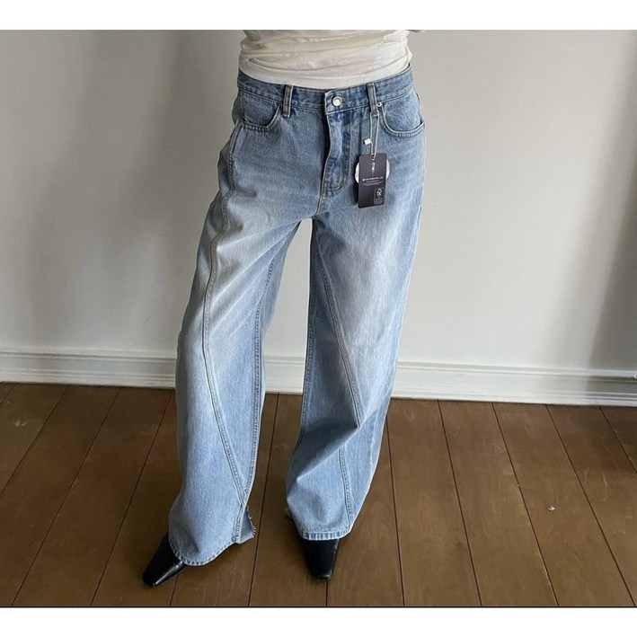 런던플랏 사선데님팬츠 밑단언발데님 사선청바지 연청바지