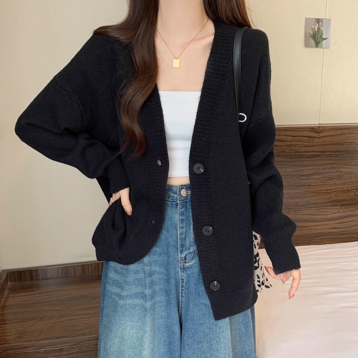 GNROOM 베이지 가디건 브이넥 외투 여성 클래식 니트 데일리 기본 버튼
