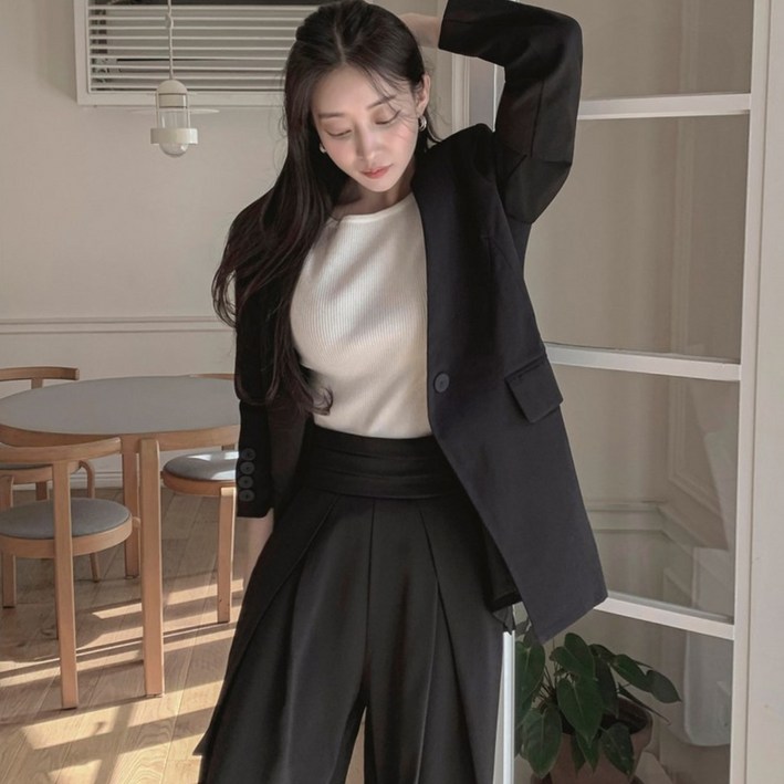 떳다그녀 르망디 스카프 정장 셋업 머플러 테일러드 자켓 핀탁 와이드 슬랙스 오피스 하객룩 수트 세트