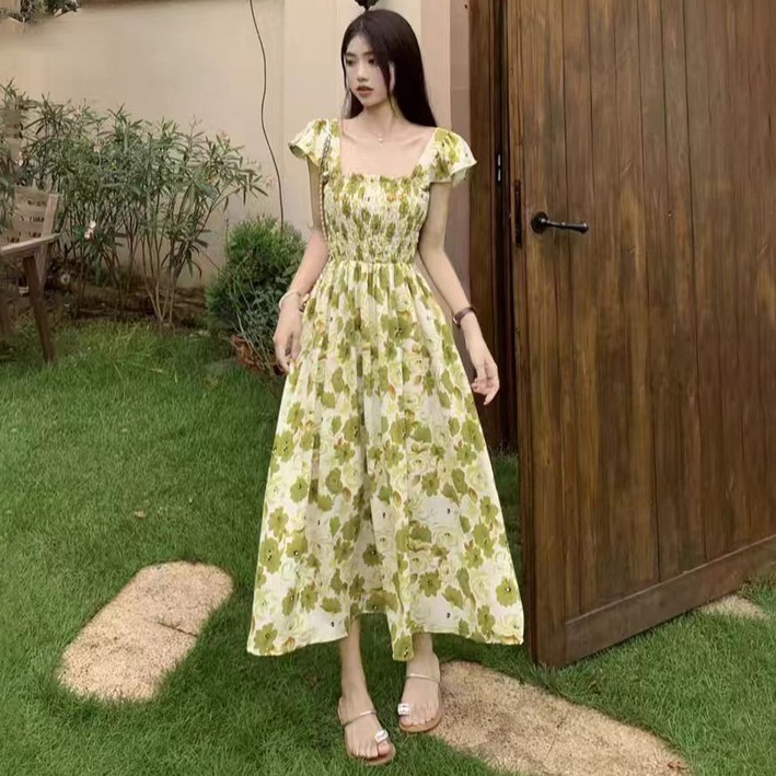 Asure 여자 여름 플라워 롱 원피스 블라우스 원피스 휴양지원피스
