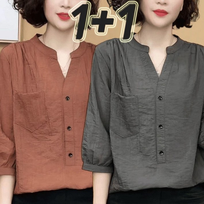 JUSTFEELING 1+1 중년 여성 실크 찰찰랑찰랑 7부소매 셔츠 브이넥 풀오버 엄마옷 중장년 4050대 캐주얼 셔츠 블라우스 상의