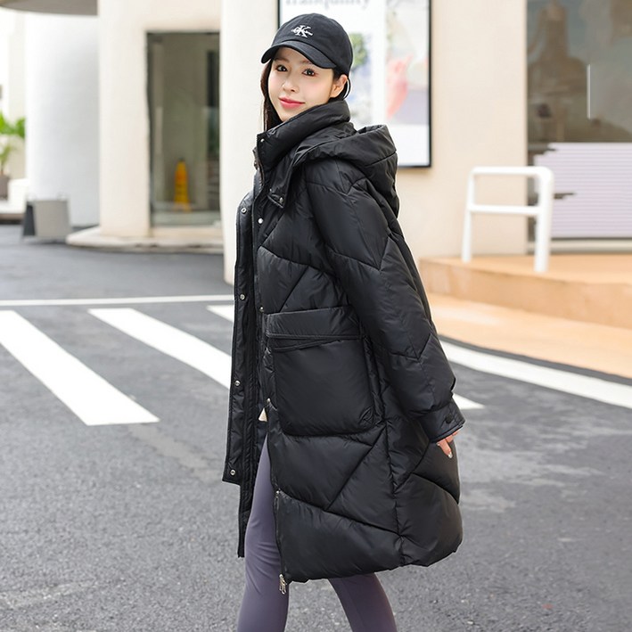 미디움 롱 겨울 무릎팍 도톰 후드 야상 패딩 여 오버사이즈 여